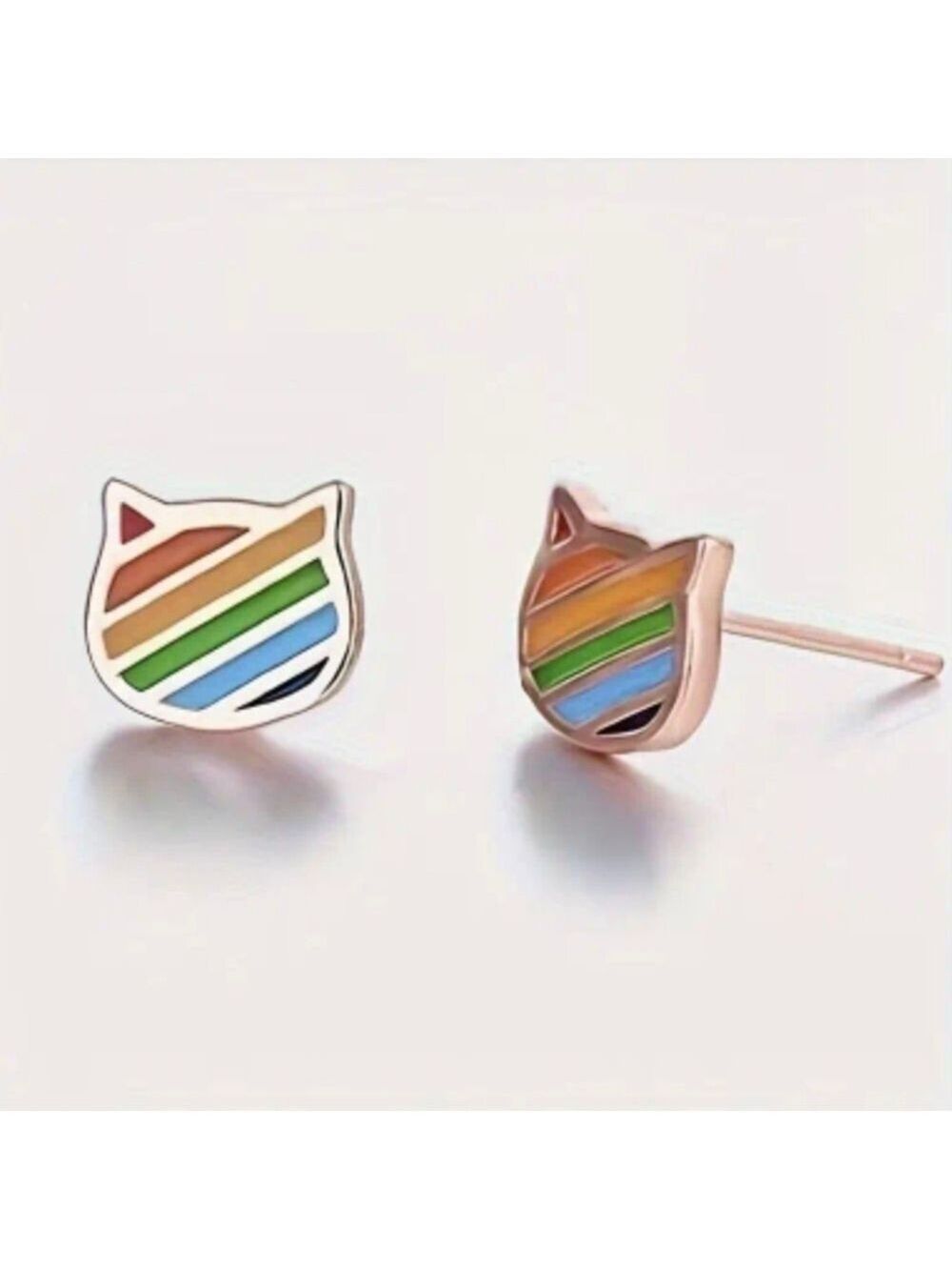 🌈 Earrings--Tiny Rainbow Kitty Face Posts, Rose Gold